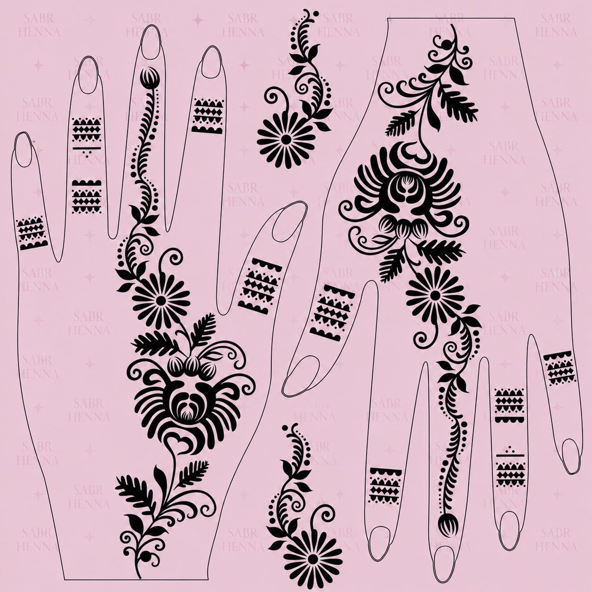A digital graphic of a tattoo sheet design featuring a light pink background with a repeating "SABR HENNA" watermark and small sparkles. The sheet displays two hand outlines with detailed black ink floral trails, paisley motifs, and geometric patterns arranged for application on the back of the hands and fingers.