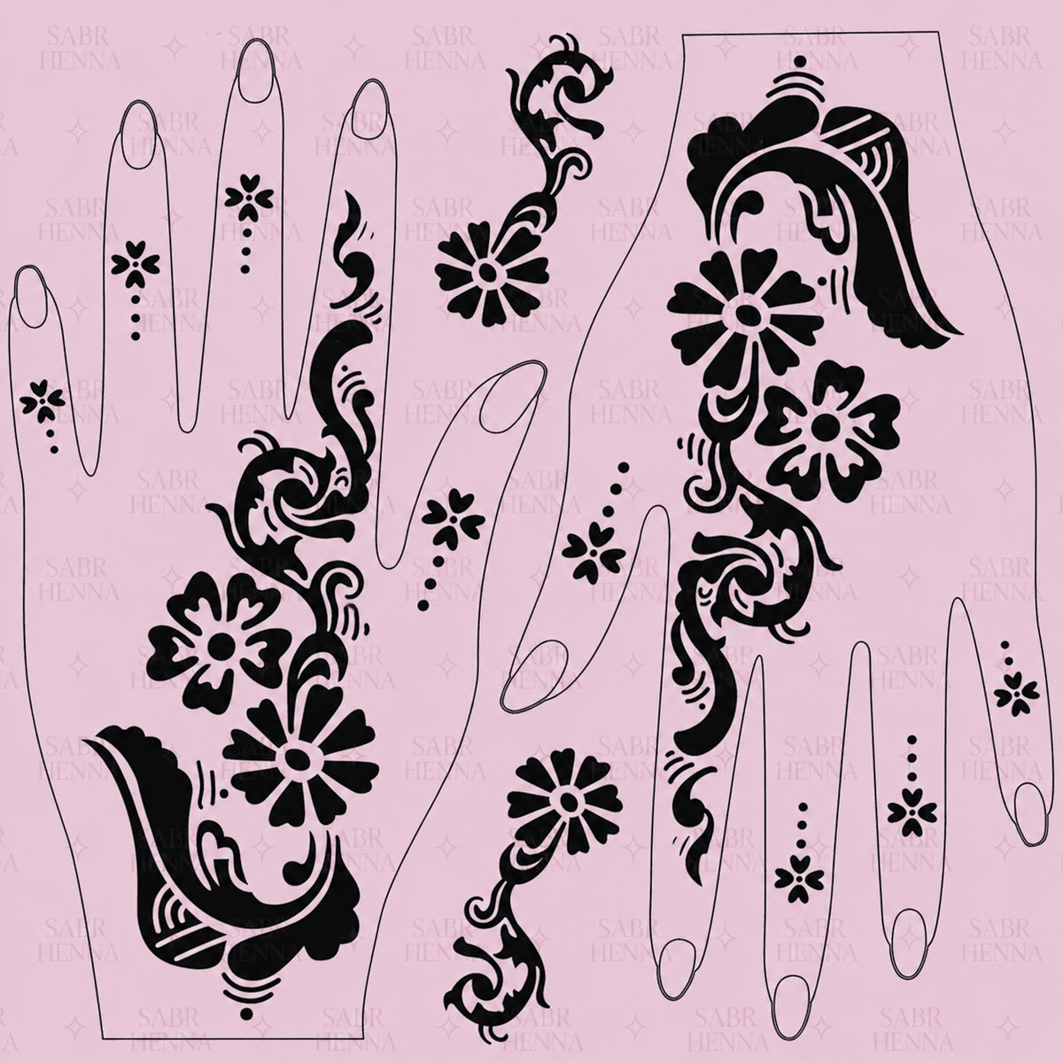 A digital product graphic of a tattoo sheet design with a light pink background featuring a faint "SABR HENNA" watermark and small sparkle icons. The sheet displays black ink floral patterns arranged over two hand outlines, featuring bold blossoms, swirling vine trails, large paisley elements at the wrist, and delicate dotted flower accents for the fingers.