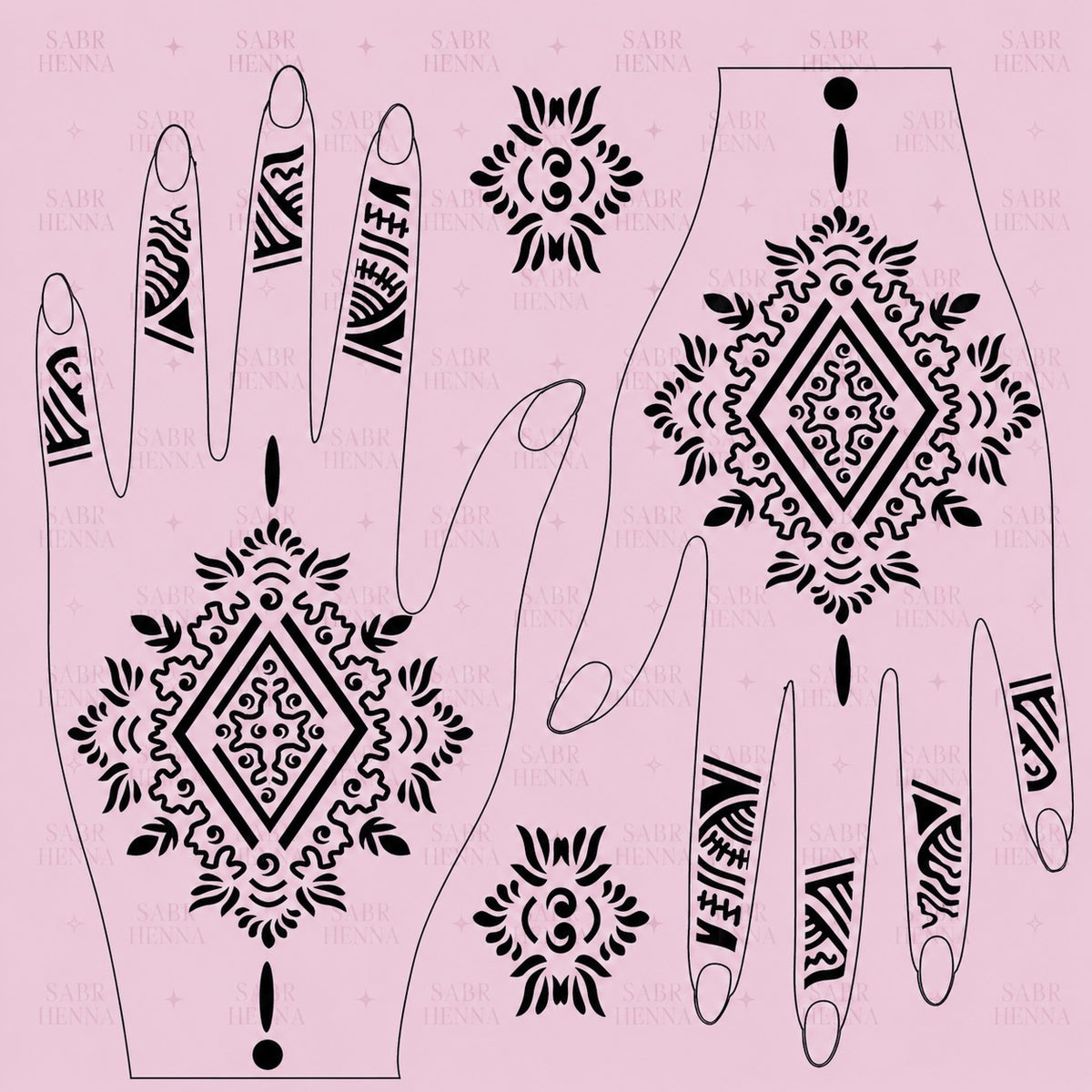 A digital product graphic of a tattoo sheet design with a light pink background featuring a faint "SABR HENNA" watermark. The sheet displays sharp, black geometric patterns over two hand outlines, showcasing a large central diamond mandala framed by intricate filigree, flanked by abstract tribal-style finger bands and two independent smaller floral medallions