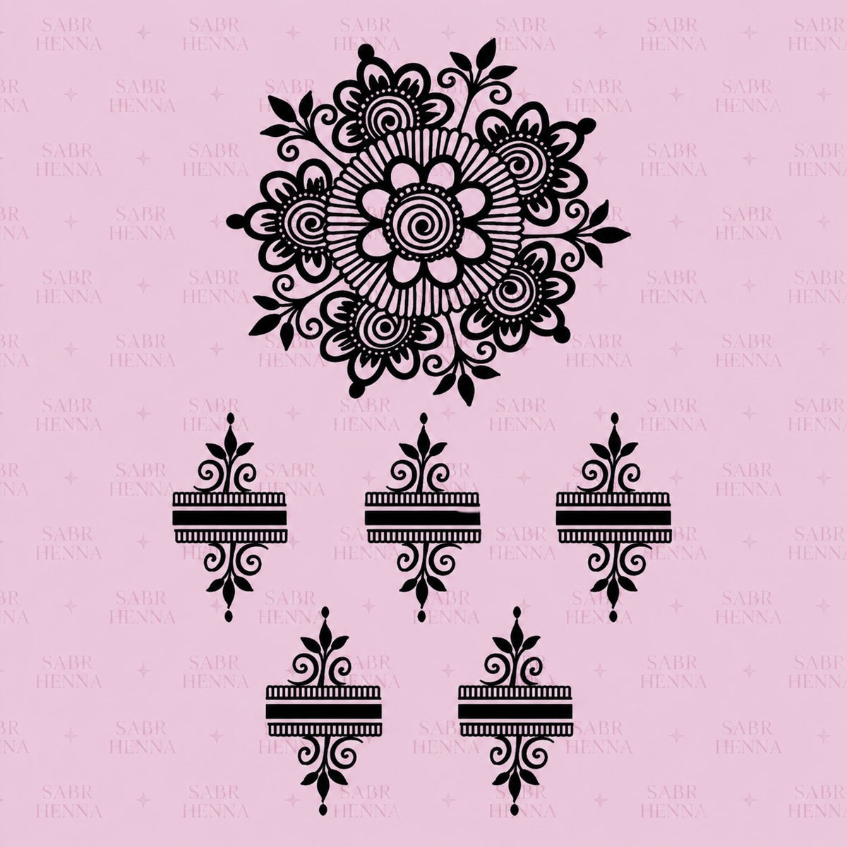 A square henna stencil sheet set against a soft pink background with a faint repeating watermark. The sheet features a large, detailed floral mandala at the top, composed of layered petals, spiral centers, and surrounding leaf and swirl elements arranged in a circular pattern. Below the mandala are five smaller, evenly spaced decorative band motifs, each featuring horizontal lines combined with symmetrical ornamental flourishes and small leaf-like accents. All designs are rendered in solid black