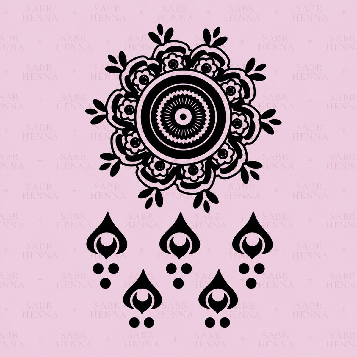 A square henna stencil sheet set against a soft pink background with a faint repeating watermark. The top portion features a large, intricate circular mandala composed of layered petals, concentric rings, and detailed geometric patterns radiating outward. Surrounding the outer edge are small floral and leaf-like accents. Below the mandala are six evenly spaced teardrop-shaped motifs, each containing a curved inner shape and paired with small circular dots beneath. All designs are rendered in solid black