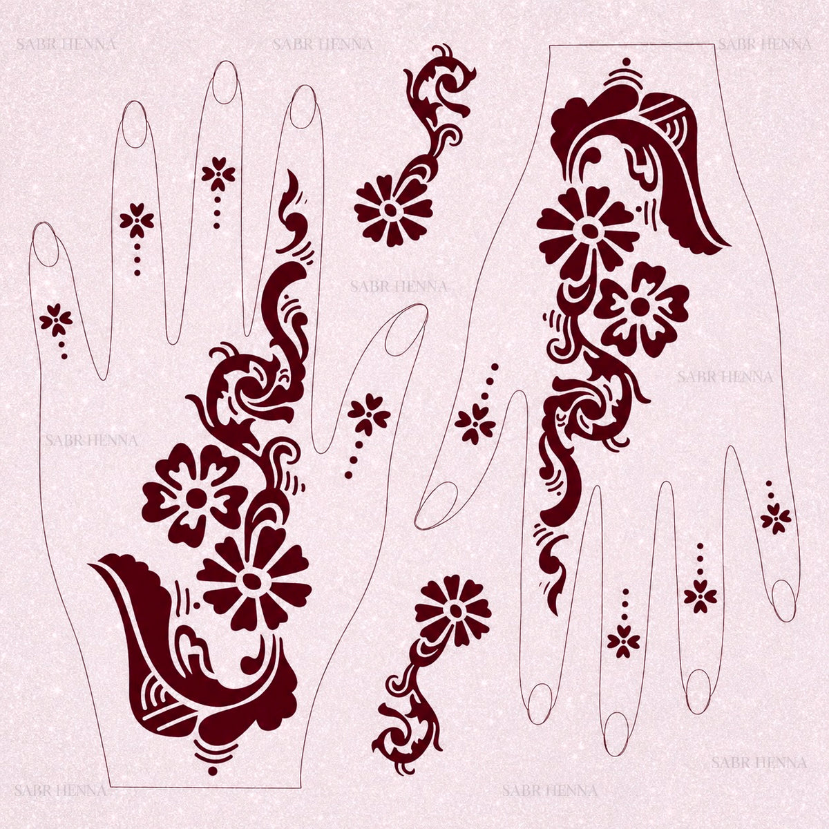A digital product graphic of a tattoo sheet design with a light gray, textured background featuring a faint "SABR HENNA" watermark. The sheet displays bold floral trails, large paisley elements, and minimalist dotted finger flowers printed in a rich, deep maroon ink over two hand outlines.
