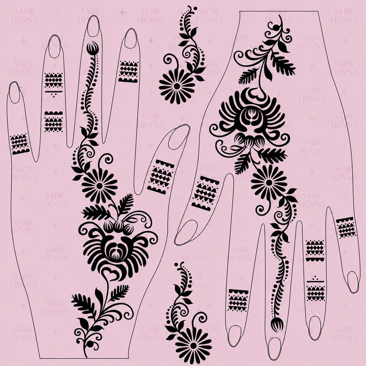 A digital graphic of a tattoo sheet design featuring a light pink background with a repeating "SABR HENNA" watermark and small sparkles. The sheet displays two hand outlines with detailed black ink floral trails, paisley motifs, and geometric patterns arranged for application on the back of the hands and fingers.