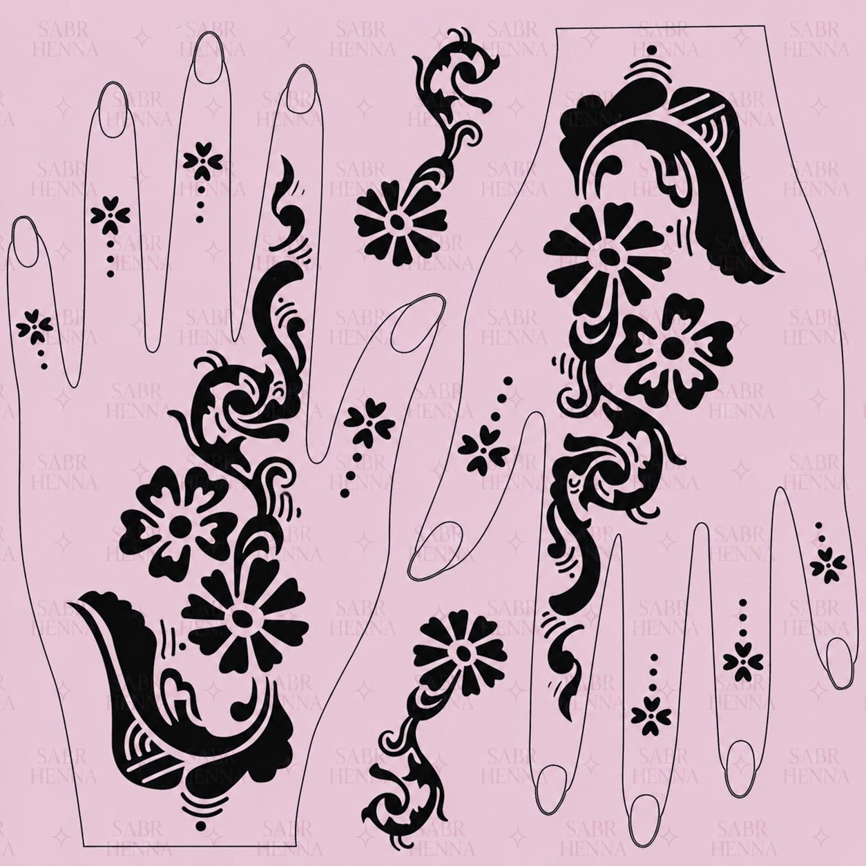A digital product graphic of a tattoo sheet design with a light pink background featuring a faint "SABR HENNA" watermark and small sparkle icons. The sheet displays black ink floral patterns arranged over two hand outlines, featuring bold blossoms, swirling vine trails, large paisley elements at the wrist, and delicate dotted flower accents for the fingers.