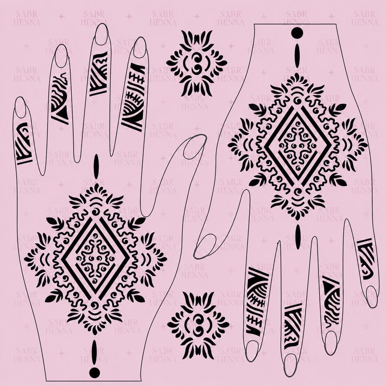 A digital product graphic of a tattoo sheet design with a light pink background featuring a faint "SABR HENNA" watermark. The sheet displays sharp, black geometric patterns over two hand outlines, showcasing a large central diamond mandala framed by intricate filigree, flanked by abstract tribal-style finger bands and two independent smaller floral medallions