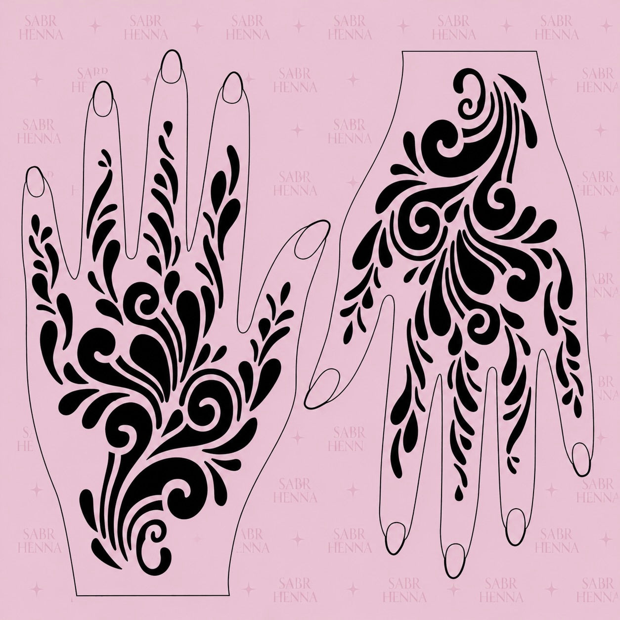 A digital product graphic of a tattoo sheet design with a light pink background featuring a faint "SABR HENNA" watermark. The sheet displays bold, black ink abstract patterns arranged over two hand outlines, featuring elegant scrolling curls, wave-like spirals, and a dense cascade of teardrop flourishes extending up toward the fingers.