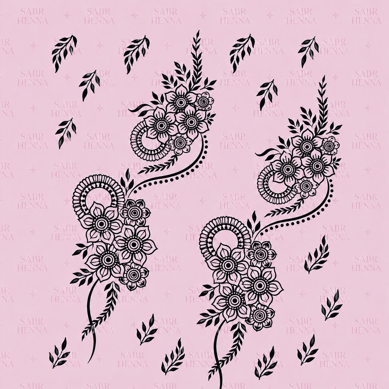 A square henna stencil sheet set against a soft pink background with a faint repeating watermark. The sheet displays two mirrored floral vine designs positioned side by side. Each design features a cluster of layered flowers with circular centers, connected by curved, flowing lines and surrounded by leaf accents. The vines extend outward in an organic, sweeping shape, with dotted and curved decorative elements incorporated into the design. Smaller leaf clusters are scattered evenly around the main patterns