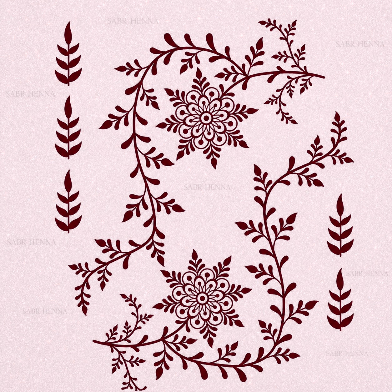 A square henna stencil sheet set against a soft, light pink textured background. The sheet includes two central floral mandala designs with layered petals and circular detailing. Surrounding these are flowing vine patterns with small leaves extending in curved, organic shapes across the page. Additional simple leaf motifs are arranged vertically along the left and right sides. The designs are evenly spaced and rendered in a deep red color, resembling traditional henna, with each element separated