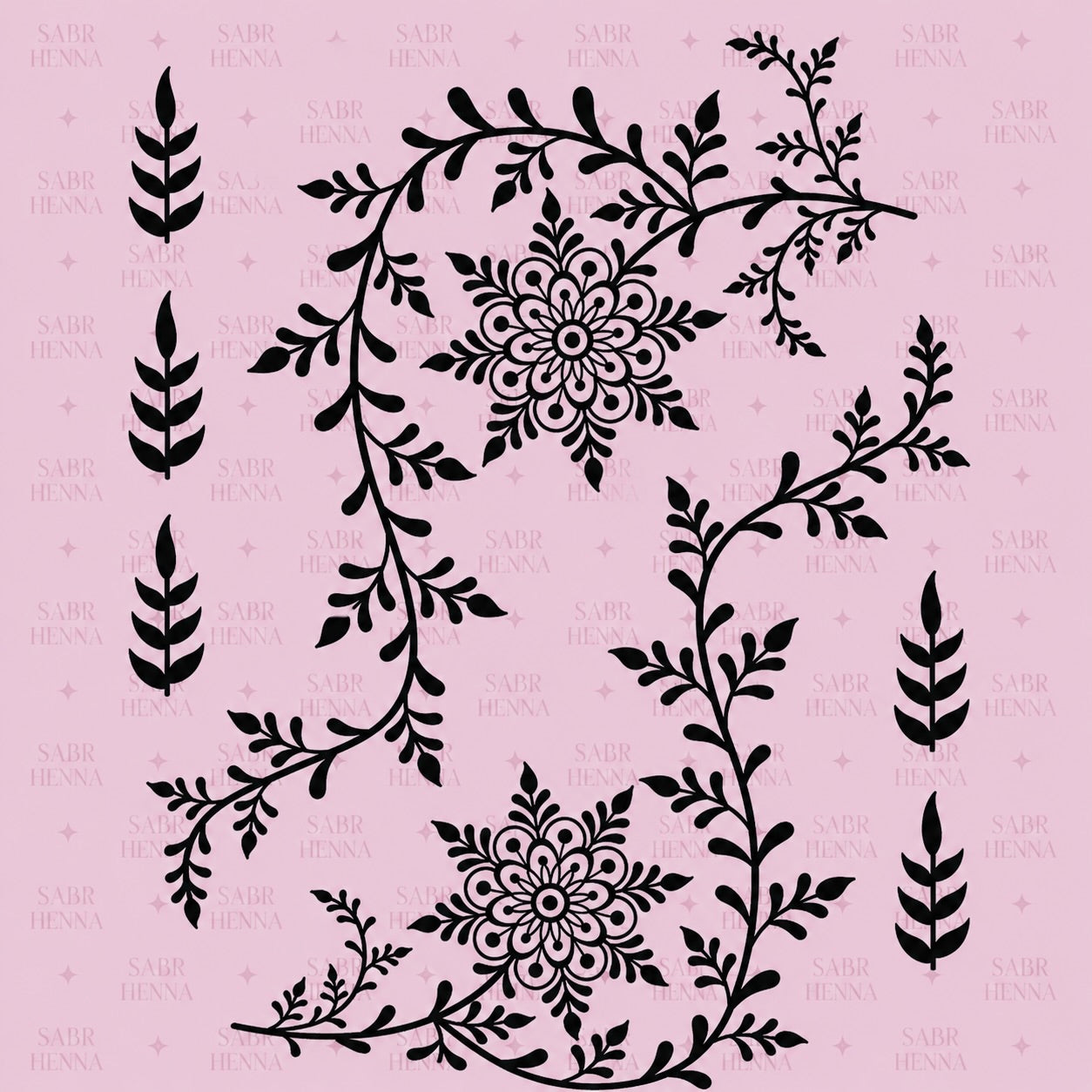 A square henna stencil sheet set against a soft pink background with a faint repeating watermark. The sheet displays two black central floral mandala designs with layered petals and circular detailing. Surrounding the mandalas are flowing vine patterns with small leaves, forming curved, organic shapes that extend across the page. Simple leaf motifs are arranged vertically along the left and right sides. All elements are rendered in solid black, and each design is spaced apart for individual application