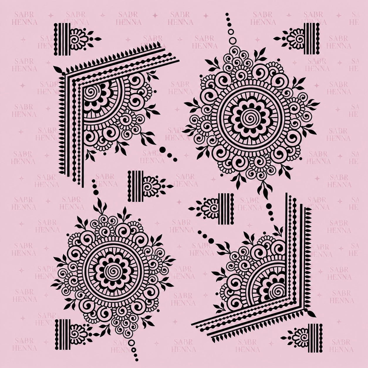 A square henna stencil sheet set against a soft pink background with a faint repeating watermark. The sheet displays multiple intricate designs arranged across the page. Two large circular mandala patterns feature layered petals, spiral centers, and fine line detailing with surrounding leaf-like accents. Opposite corners contain large angled corner designs composed of curved floral shapes, geometric borders, and repeating line and dot patterns. Smaller decorative elements, including short border strips
