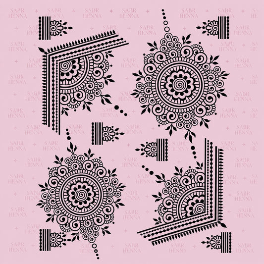 A square henna stencil sheet set against a soft pink background with a faint repeating watermark. The sheet displays multiple intricate designs arranged across the page. Two large circular mandala patterns feature layered petals, spiral centers, and fine line detailing with surrounding leaf-like accents. Opposite corners contain large angled corner designs composed of curved floral shapes, geometric borders, and repeating line and dot patterns. Smaller decorative elements, including short border strips