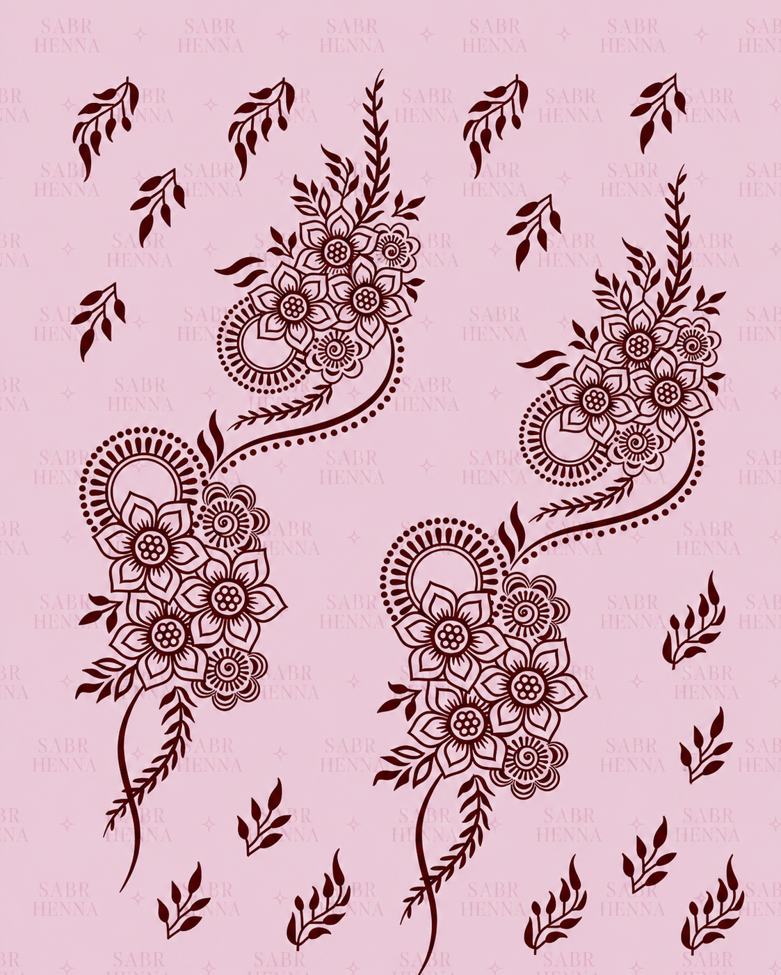 Decorative henna-style floral paisley design in dark maroon, featuring three flowing clustered motifs with flowers, leaves, and curved vine elements on a soft pink background with a subtle repeating “SABR HENNA” watermark pattern