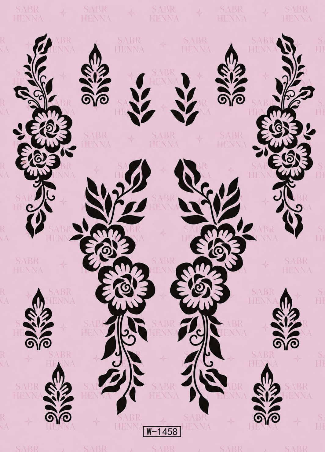 Decorative henna-style floral paisley design in black, featuring roses flowing clustered motifs with flowers, leaves, and curved vine elements on a soft pink background with a subtle repeating “SABR HENNA” watermark pattern.