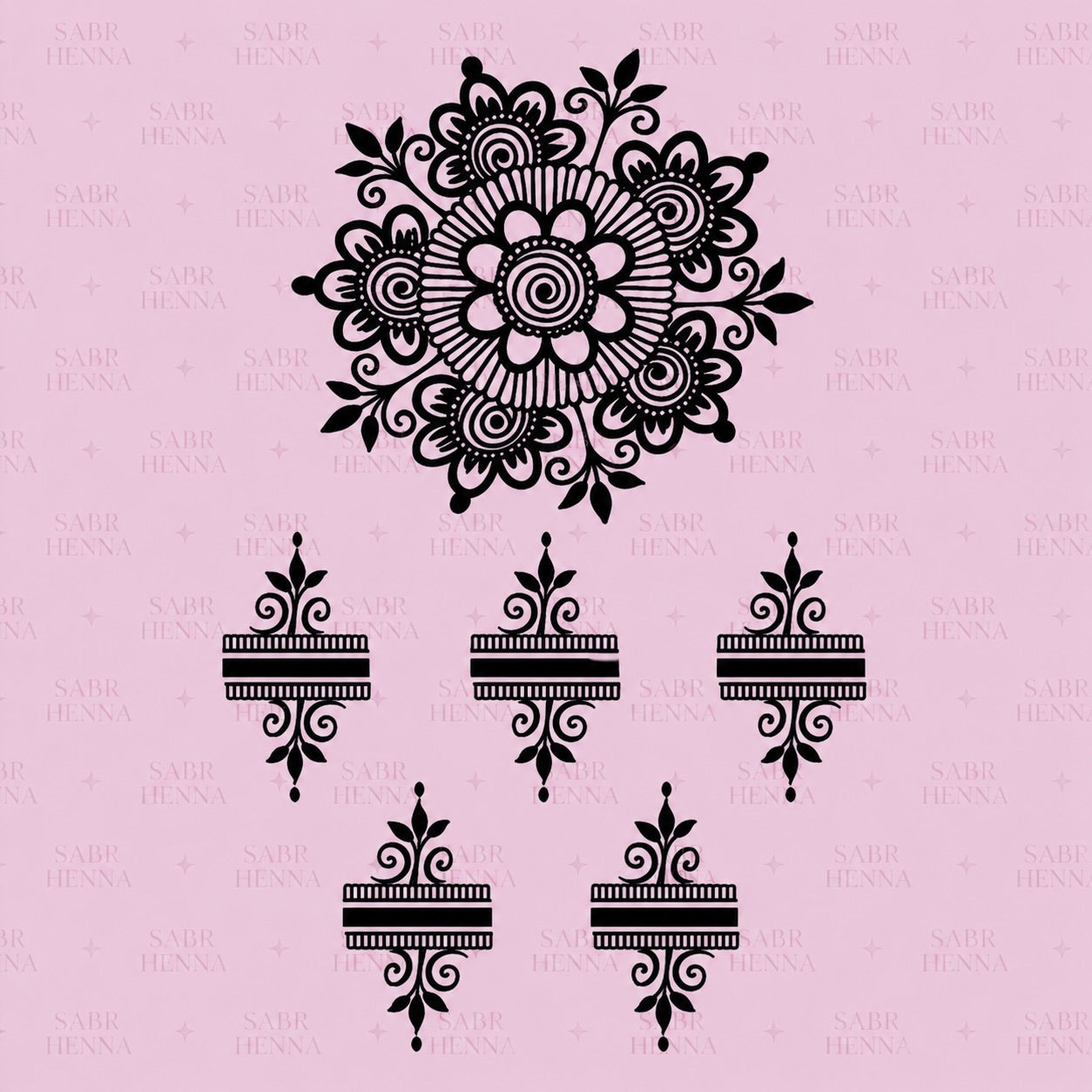 A square henna stencil sheet set against a soft pink background with a faint repeating watermark. The sheet features a large, detailed floral mandala at the top, composed of layered petals, spiral centers, and surrounding leaf and swirl elements arranged in a circular pattern. Below the mandala are five smaller, evenly spaced decorative band motifs, each featuring horizontal lines combined with symmetrical ornamental flourishes and small leaf-like accents. All designs are rendered in solid black 