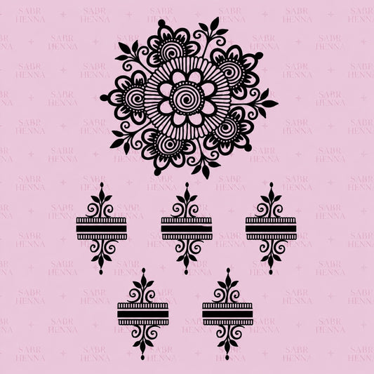 A square henna stencil sheet set against a soft pink background with a faint repeating watermark. The sheet features a large, detailed floral mandala at the top, composed of layered petals, spiral centers, and surrounding leaf and swirl elements arranged in a circular pattern. Below the mandala are five smaller, evenly spaced decorative band motifs, each featuring horizontal lines combined with symmetrical ornamental flourishes and small leaf-like accents. All designs are rendered in solid black 