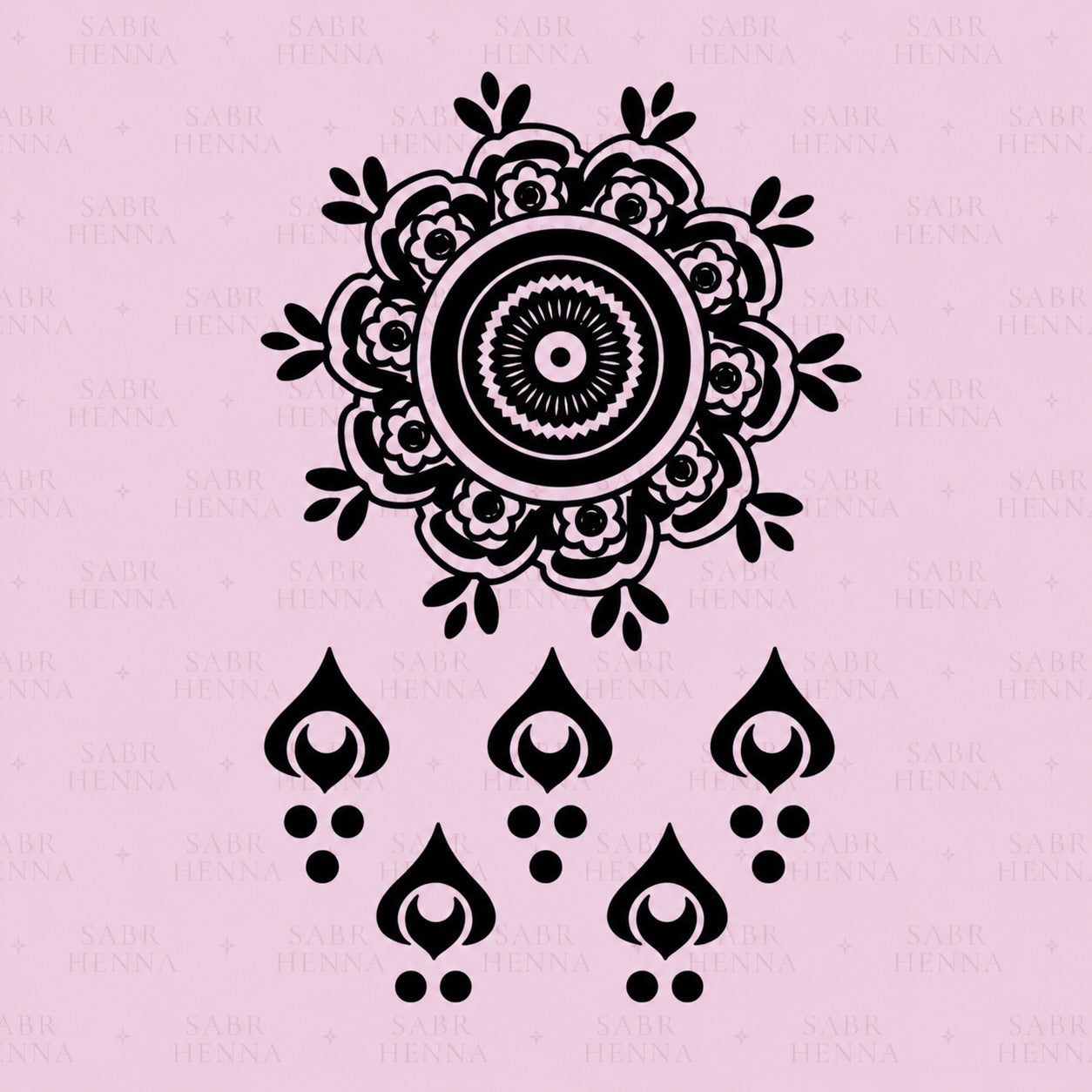 A square henna stencil sheet set against a soft pink background with a faint repeating watermark. The top portion features a large, intricate circular mandala composed of layered petals, concentric rings, and detailed geometric patterns radiating outward. Surrounding the outer edge are small floral and leaf-like accents. Below the mandala are six evenly spaced teardrop-shaped motifs, each containing a curved inner shape and paired with small circular dots beneath. All designs are rendered in solid black