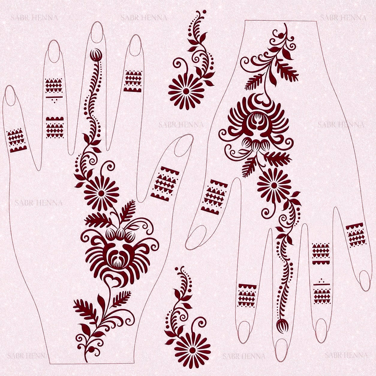 A digital product graphic of a tattoo sheet design with a light gray, textured background featuring a faint "SABR HENNA" watermark. The sheet displays intricate floral trails and detailed paisley motifs printed in a rich, deep maroon ink, arranged over two hand outlines alongside small, geometric triangle-patterned bands for the fingers.
