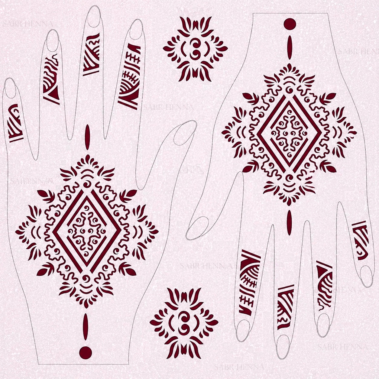 A digital product graphic of a tattoo sheet design with a light gray, textured background featuring a faint "SABR HENNA" watermark. The sheet displays sharp, deep maroon geometric patterns arranged over two hand outlines, showcasing a large central diamond mandala framed by intricate filigree, abstract tribal-style finger bands, and two independent smaller floral medallions.
