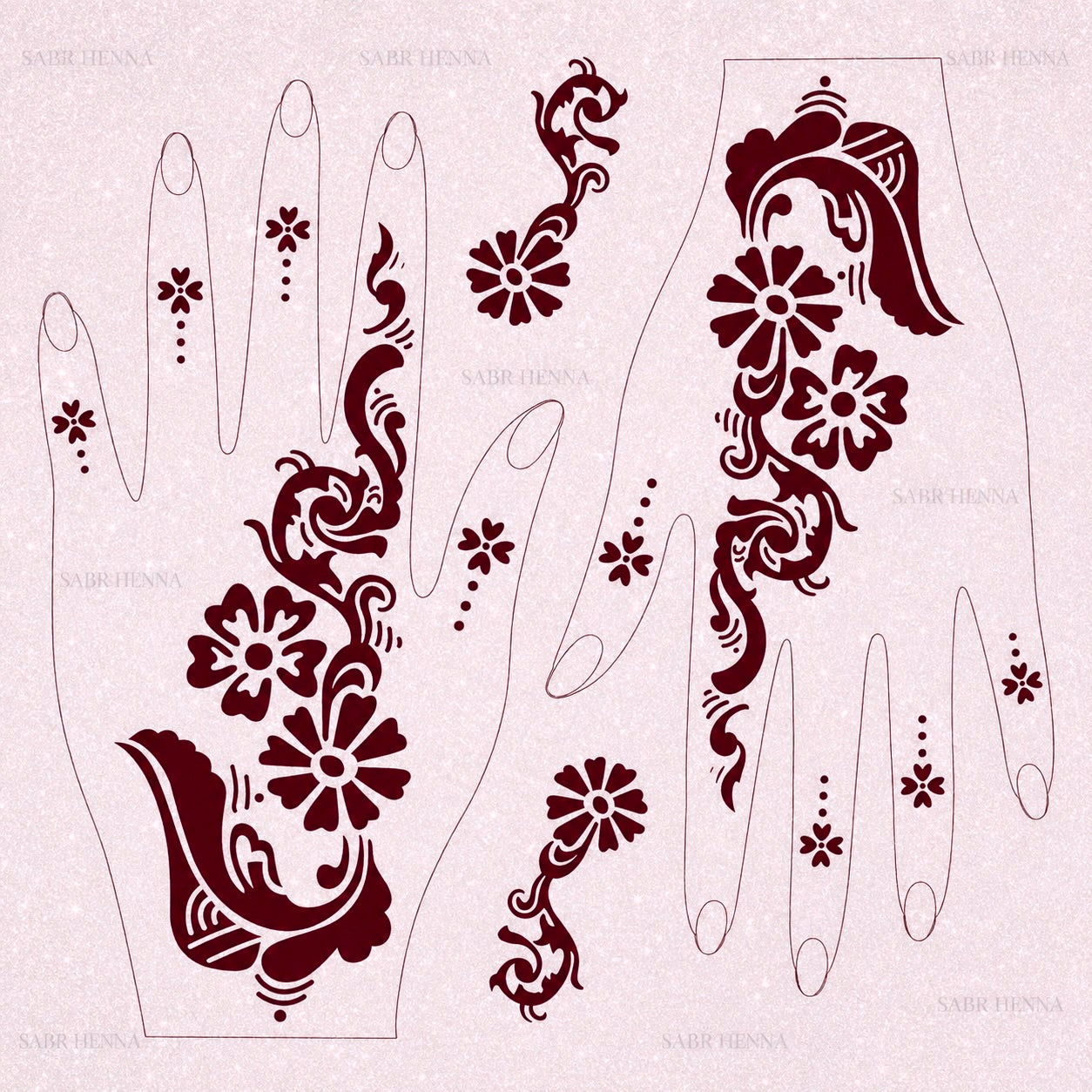 A digital product graphic of a tattoo sheet design with a light gray, textured background featuring a faint "SABR HENNA" watermark. The sheet displays bold floral trails, large paisley elements, and minimalist dotted finger flowers printed in a rich, deep maroon ink over two hand outlines.