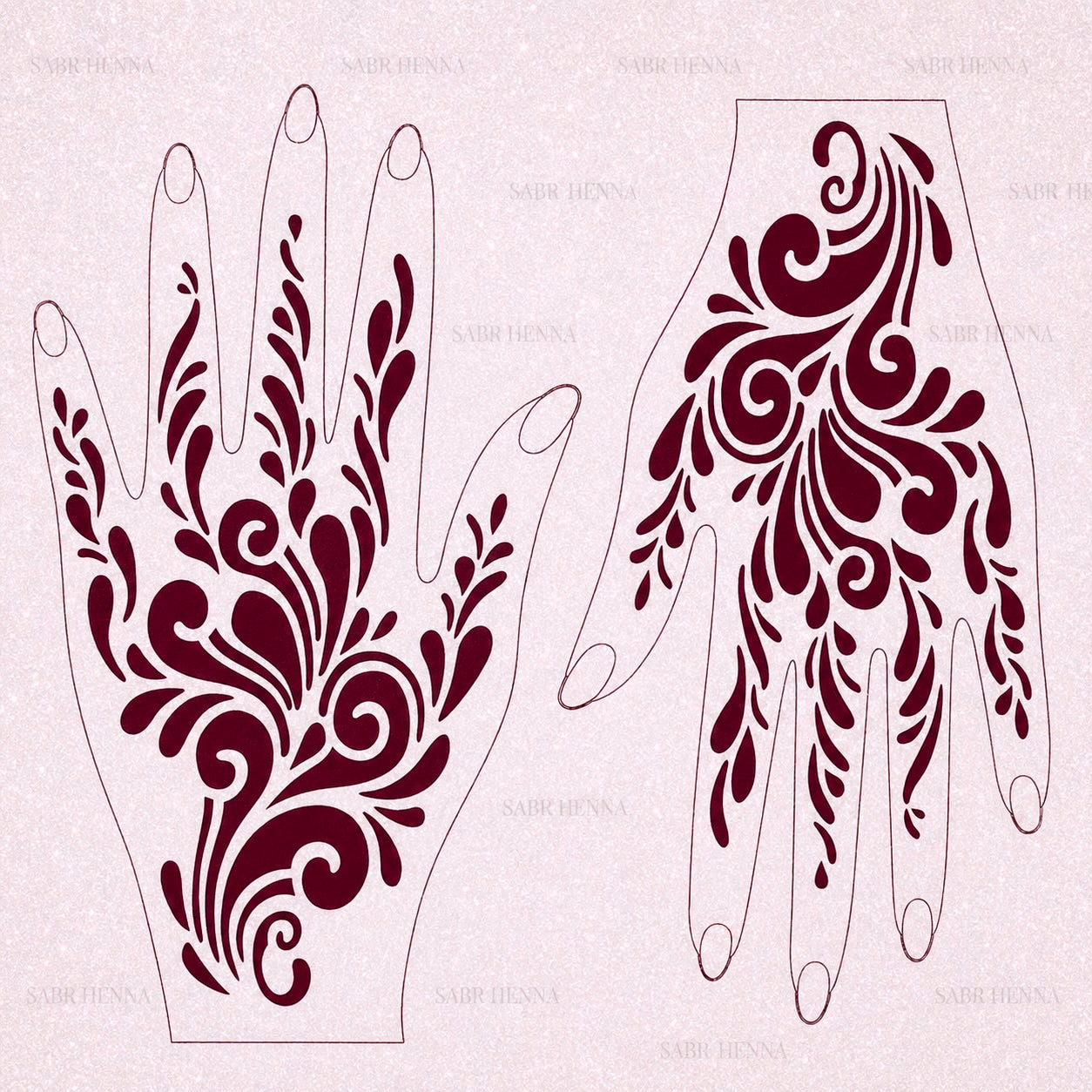A fanned-out stack of temporary tattoo or henna stencil sheets in clear cellophane sleeves, resting on a dark surface. The top sheet features a fluid, modern abstract design of sweeping curls, wave spirals, and dense teardrop flourishes printed in a rich maroon ink, formatted for the left and right hands.
